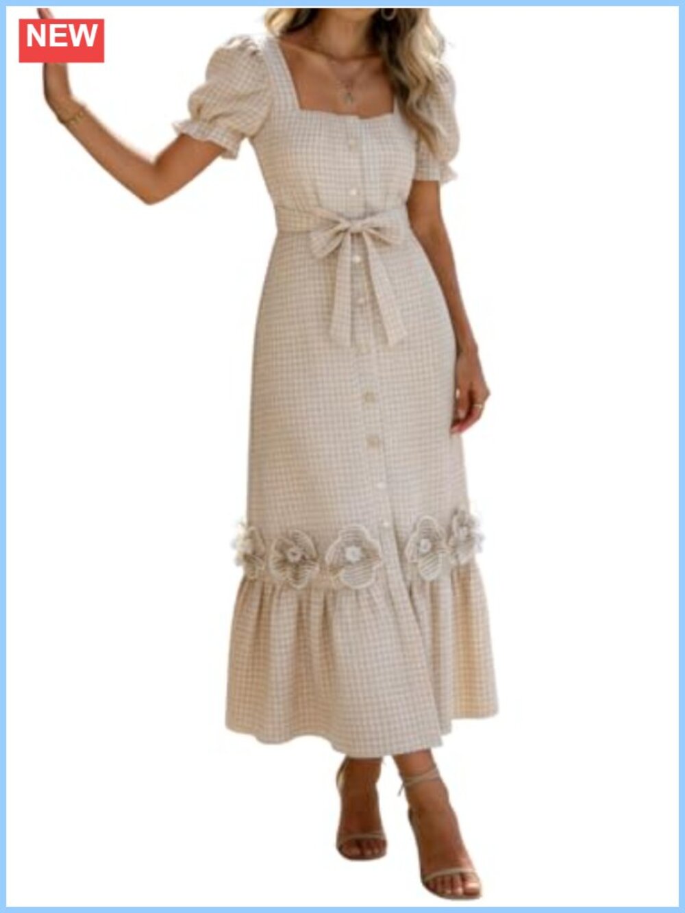 Puff Short Sleeve Button Down 3D Flower Ruffle Plaid Maxi Shirt Dress